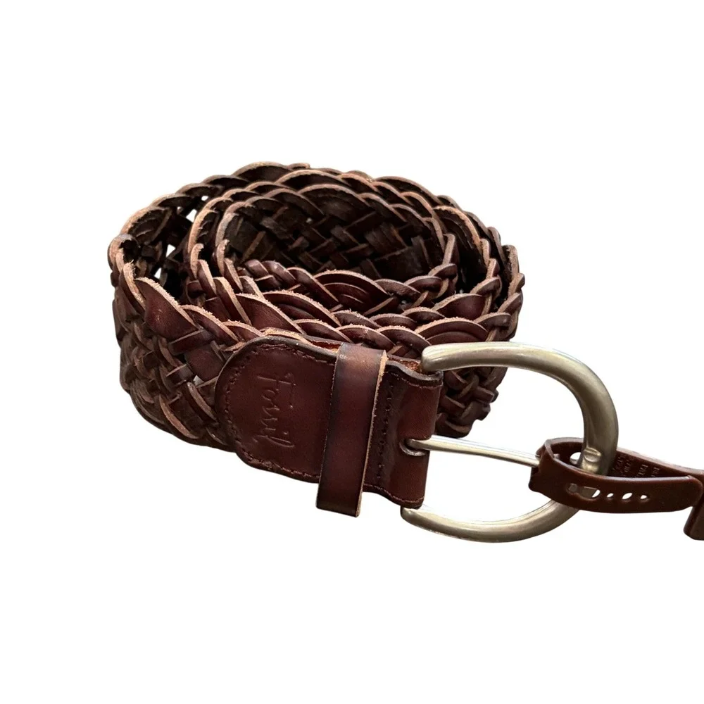 Fossil Huarache Weave Belt Women Medium Brown NEW Leather Boho Western
